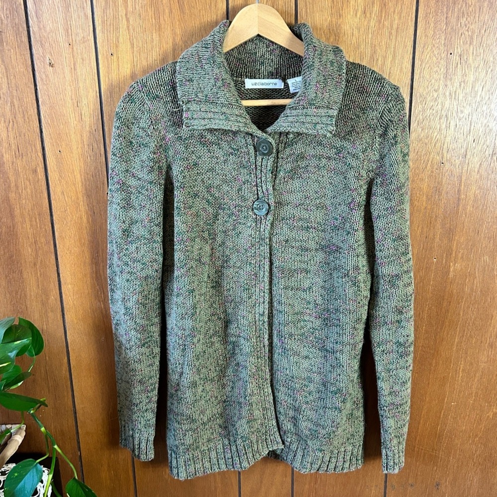 Vintage Liz Claiborne Cardigan Sweater Knit Button Front Green Multicolored L